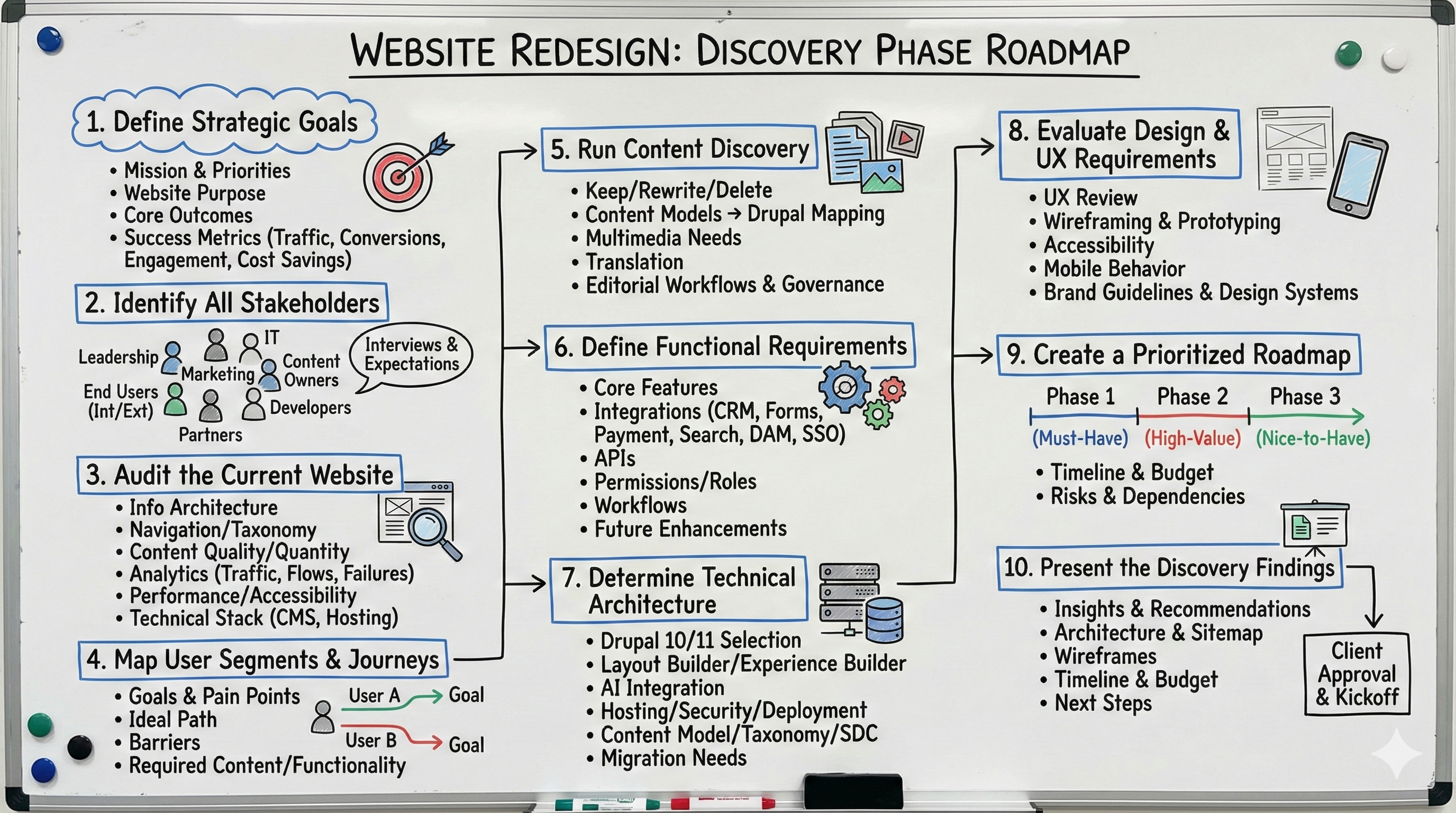 Whiteboard flowchart summarizing website redesign discovery phase roadmap.