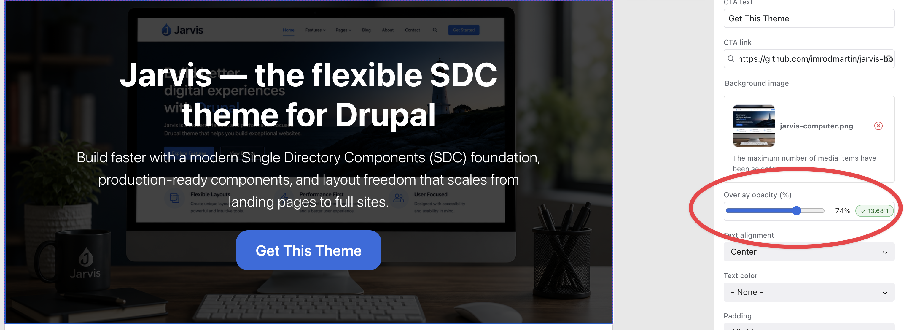 Computer screen displaying Drupal theme advertisement with slider control.