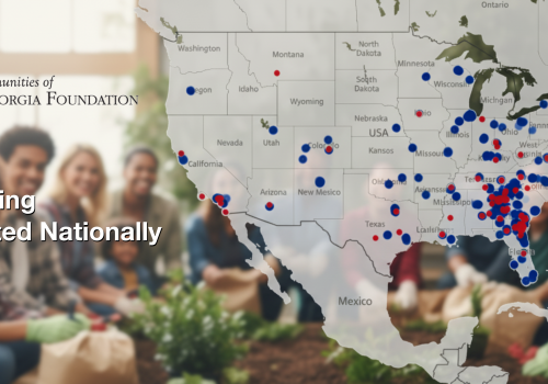 Group gardening in foreground, U.S. map with blue and red dots in background.