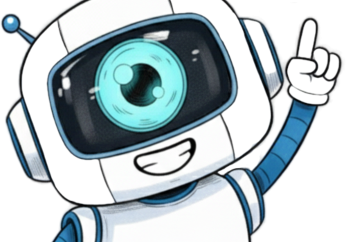 A smiling robot with a camera eye, raising one finger.