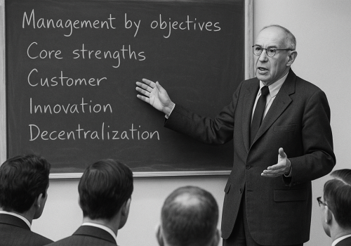 A man in a suit lectures a seated audience, chalkboard lists management topics.