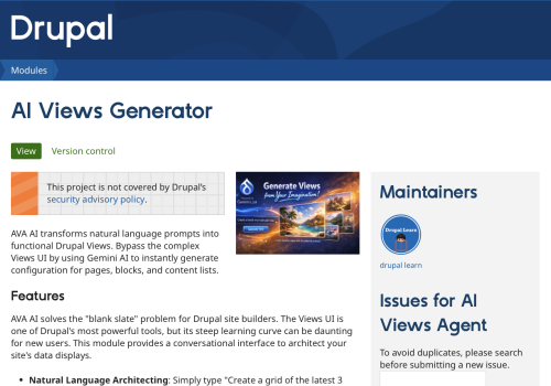 Drupal webpage for AI Views Generator with text and graphics.