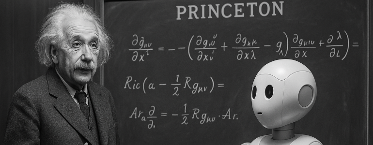 Photograph of a man and a humanoid robot in front of a chalkboard at Princeton.