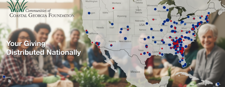 Group gardening in foreground, U.S. map with blue and red dots in background.