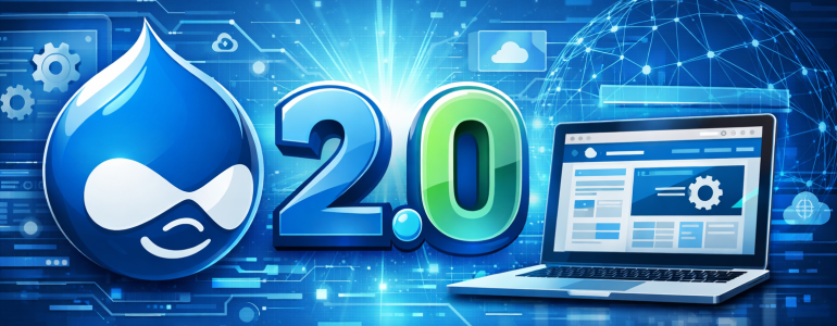 Drupal 2.0 logo with laptop on blue digital background.