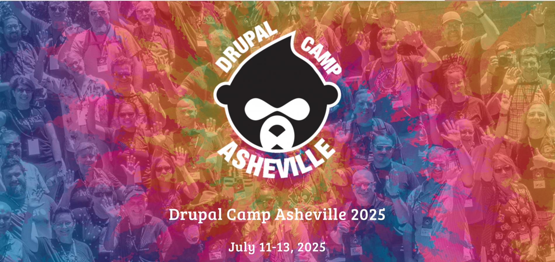 Drupal Camp Asheville logo with colorful background and crowd.
