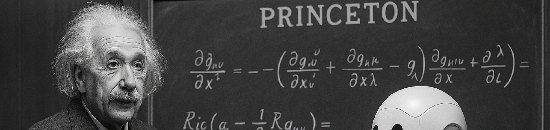 Photograph of a man and a humanoid robot in front of a chalkboard at Princeton.