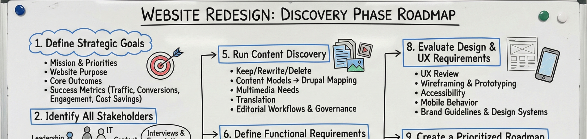 Whiteboard flowchart summarizing website redesign discovery phase roadmap.