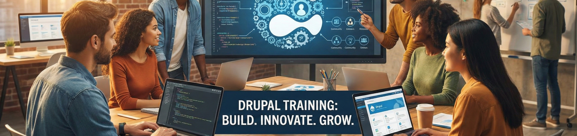 Team collaborates around a table with laptops, large screen displaying Drupal logo.