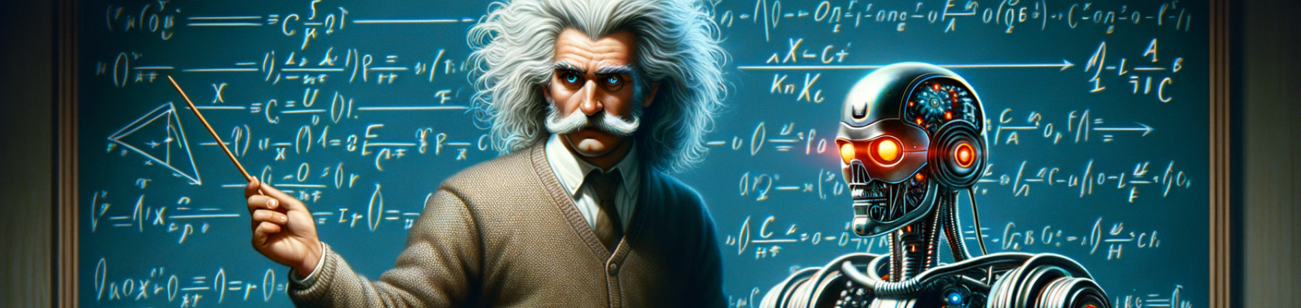 Scientist with wild hair teaches class with a humanoid robot, equations on the blackboard.