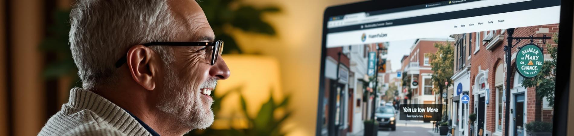 Senior man browsing a website on a desktop computer at night.