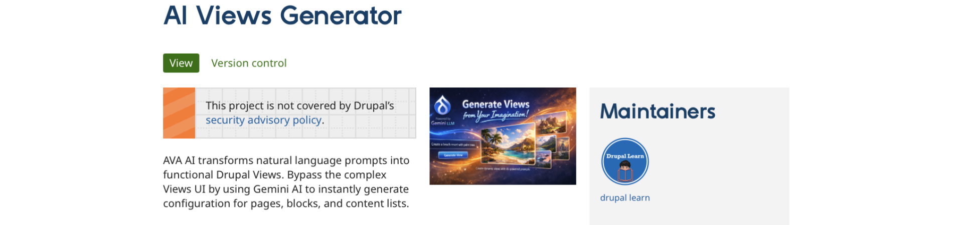 Drupal webpage for AI Views Generator with text and graphics.
