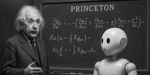 Photograph of a man and a humanoid robot in front of a chalkboard at Princeton.