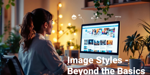 Woman at desk viewing image gallery on computer.
