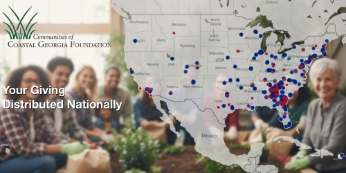 Group gardening in foreground, U.S. map with blue and red dots in background.