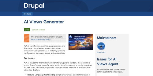 Drupal webpage for AI Views Generator with text and graphics.